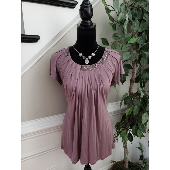 Kenar Shirt Blouse Women's Medium Pink Viscos Jeweled Pleated Neckline - Picture 12 of 12